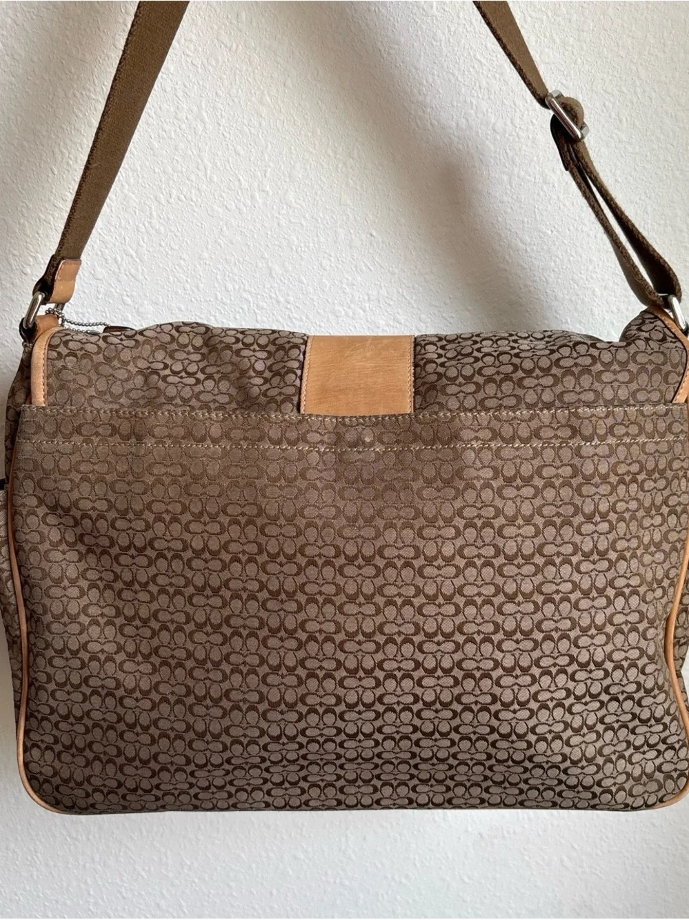 COACH Brown Signature Canvas Messenger with Tan Leather Center Stripe